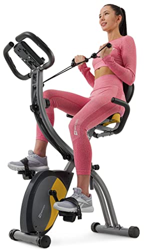 Hop-Sport 3-in-1 Fitness Heimtrainer klappbar HS-3010x Grix - Fitnessfahrrad mit Rückenlehne, Widerstandsbändern - Homterainer Fahrrad mit LCD-Display (Grau/Gelb) von HS HOP-SPORT