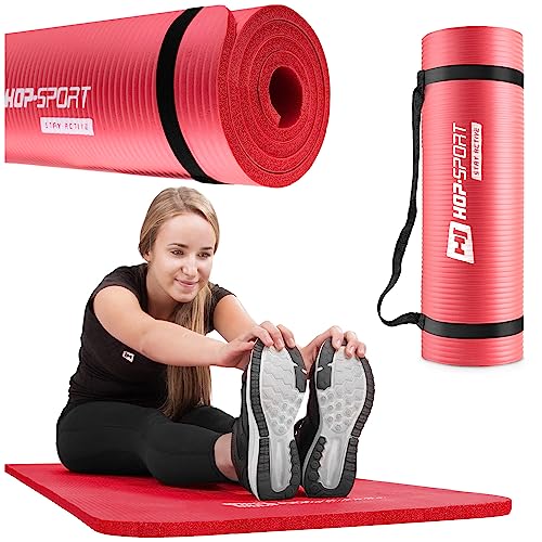 Hop-Sport Gymnastikmatte NBR 180x61cm in Zwei Stärken/Fitnessmatte ist rutschfest und verformt Sich Nicht + Tragegurt (1,5cm rot) von HS HOP-SPORT