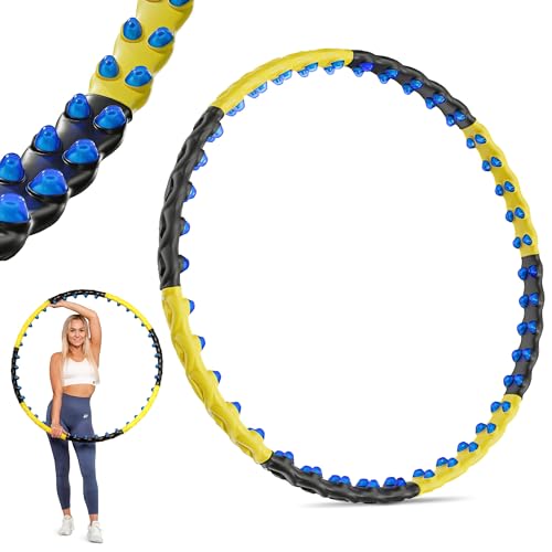 Hop-Sport Hula Hoop Reifen Erwachsene mit 80 Massagenoppen und Magneten - Hoola Hoop zum Abnehmen – Bauchtrainer mit 8 verstellbaren Teilen, 110cm Durchmesser gelb schwarz von HS HOP-SPORT