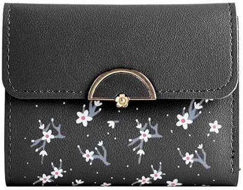 HSAJS Damen Geldbörse Mit Blumenmuster Leder Portemonnaie Kompakte Brieftasche Damen Portemonnaie Stilvolle Geldbörse Damen Brieftasche Leder Wallet Damen Geldbeutel(Nero) von HSAJS