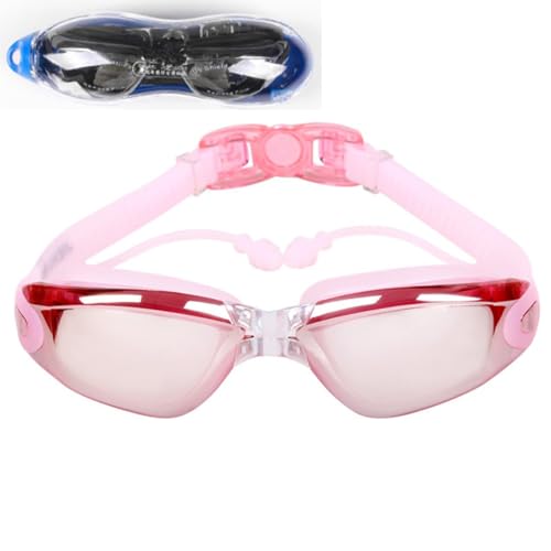 HSTWODE Optische Schwimmbrille mit Sehstärke Einteilige Schwimmbrille mit Ohrstöpsel, Dioptrien: -1,5 bis -8,0,Anti-Beschlag-UV-Schutz，Kostenlose schöne Box (Rosa, Plattiert -7) von HSTWODE