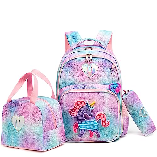 HTgroce Rosa Schulranzen Mädchen Set 3 Teilig Pop Children's Backpack Push It Schultasche Mädchen 1. klasse einhorn rucksack mädchen Pop Bubble Anti Stress Schulranzen von HTgroce