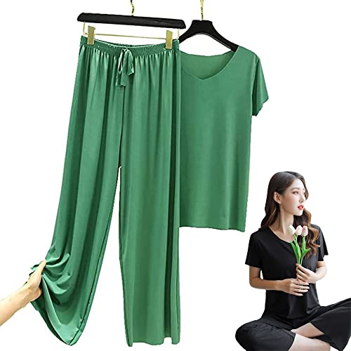 Weiches, bequemes Kurzarm-T-Shirt aus Eisseide, zweiteiliges Set, Damen-T-Shirt aus Eisseide und lockere Hose mit weitem Bein, Damen-Pyjama-Sets (Grün,3XL) von HUANZHI