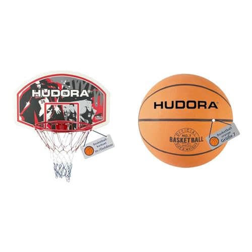 HUDORA Basketballkorb Set - Indoor & Outdoor Basketballkorb mit Brett & Basketball Größe 7 orange, unaufgepumpt von HUDORA