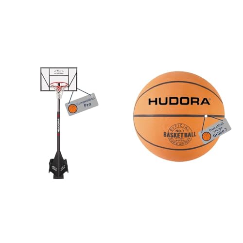 HUDORA Basketballständer Competition Pro & Basketball Größe 7 orange, unaufgepumpt - Indoor & Outdoor Gummi-Basketball von HUDORA
