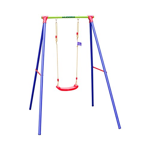 HUDORA Schaukelgestell Single - Schaukel Outdoor für Garten - Kinderschaukel - Schaukelsitz aus Kunststoff - 50 kg Belastbarkeit - Blau / Rot / Gelb - 64018 von HUDORA