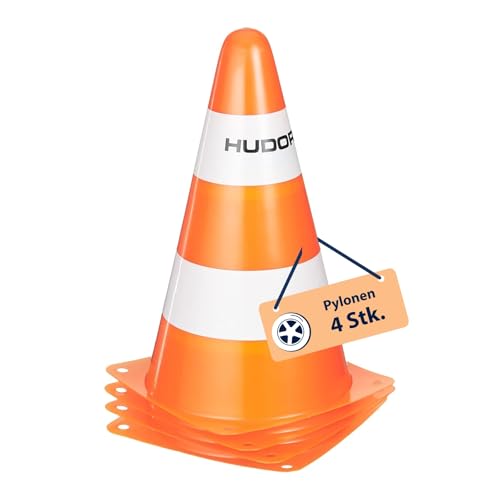 HUDORA Pylonen - 4 Stück - Stapelbare Verkehrskegel in Orange/Weiß - Hochwertige Verkehrshütchen - 23 cm hoch & 14 cm breit - Markierungskegel für Slalom, Radfahren, Dribbeln von HUDORA