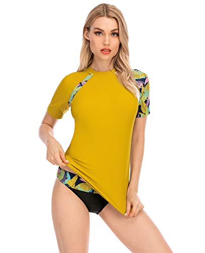 HUGE SPORTS Damen Rashguard Kurzarm Sonnenschutz UPF 50+ Bademode Shirts Schnell Trocknend Badeanzug Top, gelb, XX-Large von HUGE SPORTS