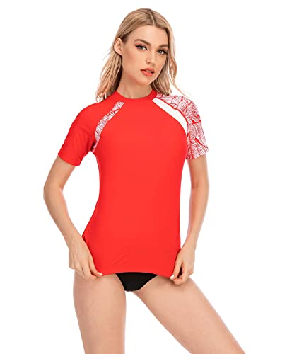 HUGE SPORTS Damen Rashguard Kurzarm Sonnenschutz UPF 50+ Bademode Shirts Schnell Trocknend Badeanzug Top, rot, XL von HUGE SPORTS