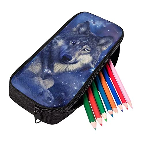 HUGS IDEA Space Planet Federmäppchen Stifttasche Schreibwaren Tasche für Schule, Blauer Galaxiewolf., 22x4.5x11cm, Kinderrucksack von HUGS IDEA
