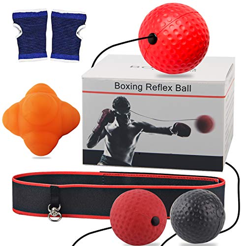 Reflexball mit Reaktionsbounce Ball, Reaktionstraining Set, 3 Schwierigkeitsstufen Boxball mit Stirnband, Boxhandschuhe, perfekt für Reaktion, Schlaggeschwindigkeit, Hand-Augen-Koordinationstraining von HUICHAI