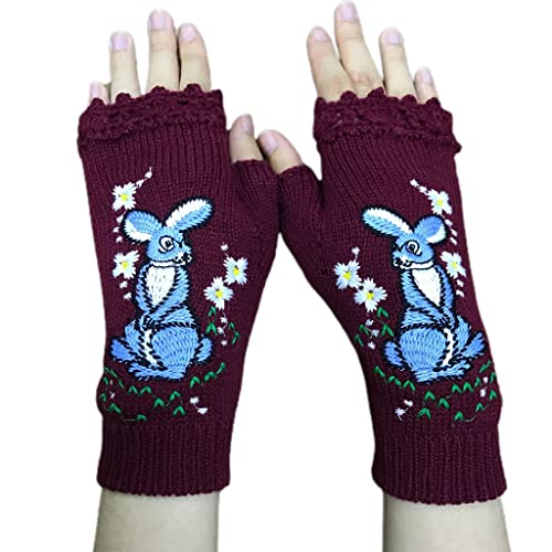 HUIFACAI Winter-Strickhandschuhe, niedlich, warm, Damen, Halbfinger-Handschuhe, dick, Outdoor-Skihandschuhe, Cartoon-Muster, Radfahren von HUIFACAI