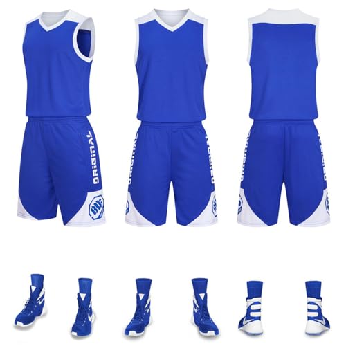 HULG Basketball-Anzüge,modisches Basketball-Trikot,Kinder/Erwachsene,2-teiliges Basketball-Performance-Tanktop Und Shorts-Set,Basketball-Trikot-Set Mit Taschen (Blue,4XL) von HULG