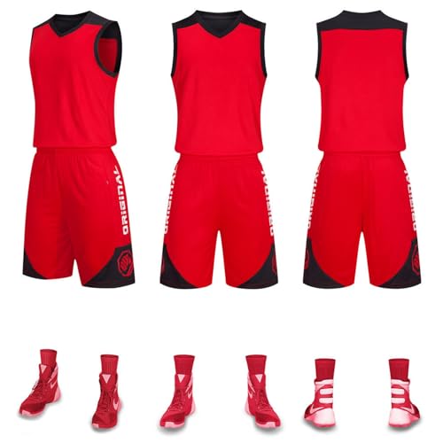 HULG Basketball-Anzüge,modisches Basketball-Trikot,Kinder/Erwachsene,2-teiliges Basketball-Performance-Tanktop Und Shorts-Set,Basketball-Trikot-Set Mit Taschen (Red,3XS) von HULG