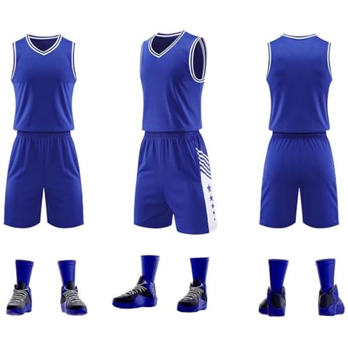 HULG Basketball Jersey,Basketball Trikot Herren,2-teiliges Basketball-Performance-Tanktop- Und Shorts-Set, Basketball-Trikot-Set Mit Taschen (Blue,3XS) von HULG