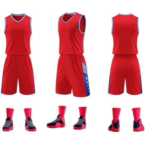 HULG Basketball Jersey,Basketball Trikot Herren,2-teiliges Basketball-Performance-Tanktop- Und Shorts-Set, Basketball-Trikot-Set Mit Taschen (Red,4XL) von HULG