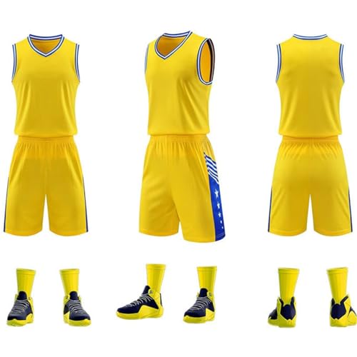 HULG Basketball Jersey,Basketball Trikot Herren,2-teiliges Basketball-Performance-Tanktop- Und Shorts-Set, Basketball-Trikot-Set Mit Taschen (Yellow,M) von HULG
