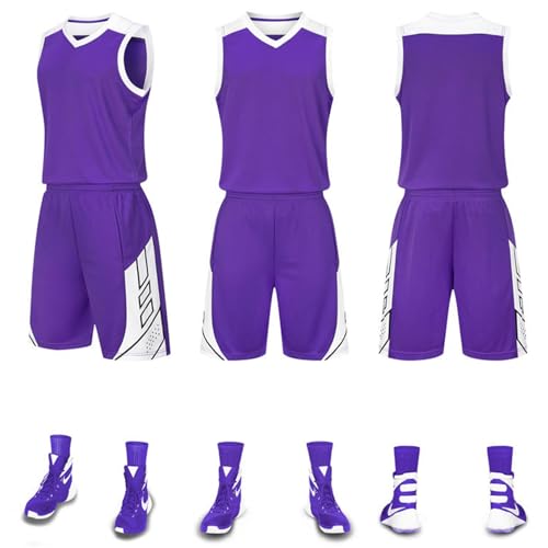 HULG Basketball-Trikots Und -Shorts, Basketball-Trikots Für Erwachsene, ärmellose Basketball-Anzüge, Basketball-Sportbekleidung, T-Shirts + Shorts, Jugend-Sweatshirts (Purple,3XS) von HULG
