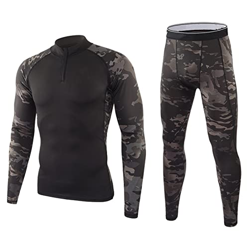 Thermounterwäsche Set, Funktionswäsche Herren Skiunterwäsche Winter Suit Ski Thermo-Unterwäsche Thermowäsche Unterhemd + Unterhose (Camouflage Black,XL) von HULG