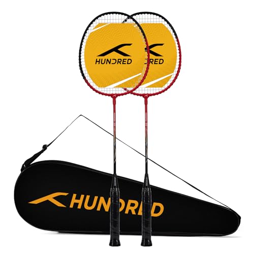 HUNDRED POWERTEK 100 (Set of 2) Badminton Racket with Full Cover (Red/Black) | Material: Aluminium | Maximum Tension: 16-18lbs | for Intermediate Player von HUNDRED