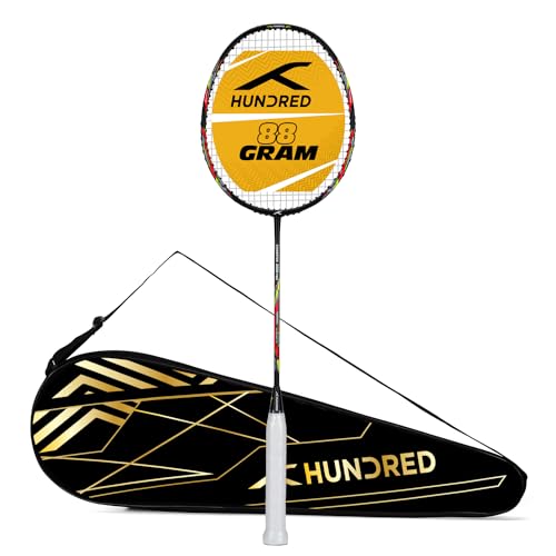 HUNDRED Powertek 2000 PRO Graphite Strung Badminton Racket with Full Racket Cover (Black) | for Intermediate Players | Weight: 90 Grams | Maximum String Tension - 22-24lbs von HUNDRED