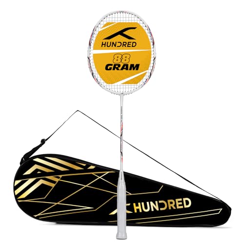 HUNDRED Powertek 2000 PRO Graphite Strung Badminton Racket with Full Racket Cover (White) | for Intermediate Players | Weight: 90 Grams | Maximum String Tension - 22-24lbs von HUNDRED