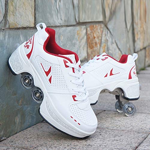 Roller Skate Shoes Rollschuhe verstellbar Damen Schuhe mit Rollen Retractable Roller Shoes Bequem und atmungsaktiv Quad Skates für mädchen (Red, 43) von HUOQILIN
