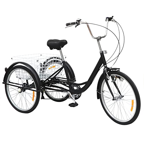 HUSPOO 24 Zoll Dreirad für Erwachsene 6 Gänge 3 Räder Fahrrad Cityräder mit Beleuchtung Antirutsch Verschleißfeste Räder und Korb für Senioren Erwachsene (Schwarz) von HUSPOO