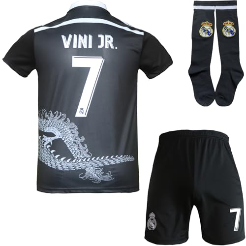 HUSSATEX R. Madrid Vini Jr. #7 Vinicius Spezielle Black Dragon Edition Fußball Kinder Trikot Shorts Socken Set Jugendgrößen (Schwarz,24) von HUSSATEX