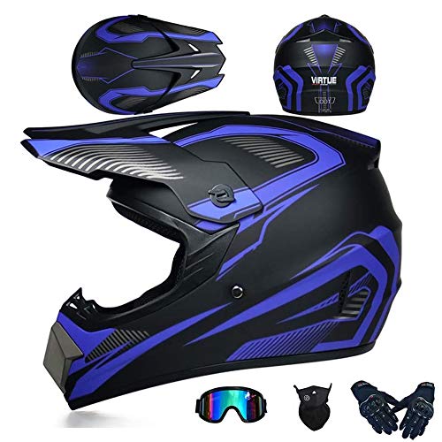 JCLDG Herren Offroad Motocross Helm Schwarz/Rockstar Motorradhelm + Handschuhe + Brille + Schutzbrillen Adult Off Road Fullface MTB Helm Mopedhelm für Kids Damen Sicherheit Schutz,Blau,M von HXCZ