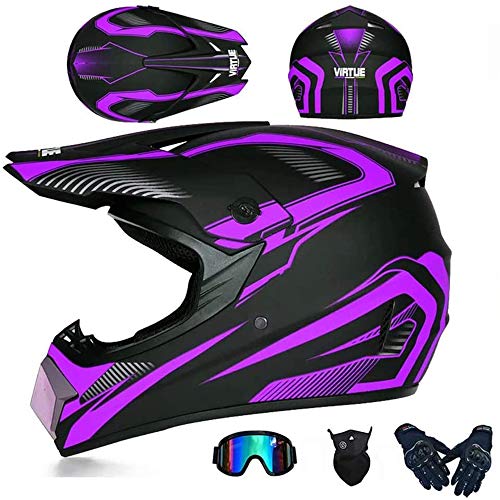 JCLDG Herren Offroad Motocross Helm Schwarz/Rockstar Motorradhelm + Handschuhe + Brille + Schutzbrillen Adult Off Road Fullface MTB Helm Mopedhelm für Kids Damen Sicherheit Schutz,Lila,S von HXCZ