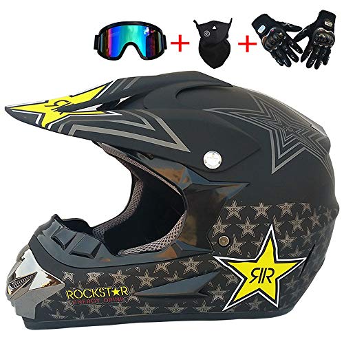 JCLDG Motorrad Helm Motocross Helme City Helme BMX Helme Motorrad Crosshelme (4Stück) Handschuhe Maske Brille - Schwarz/Rockstar - Adult Off Road Fullface MTB Helm Mopedhelm,XL von HXCZ