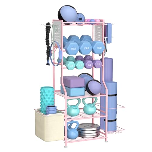 Hantelständer, Metall Kurzhantelständer für Hanteln Kettlebell & Yoga Matte, Gewichtsständer Workout-Fitness-Ausrüstung Aufbewahrung für Home Gym, Hantelscheibenständer Hantel Regal mit 11 Haken, Pink von HYCFYJR