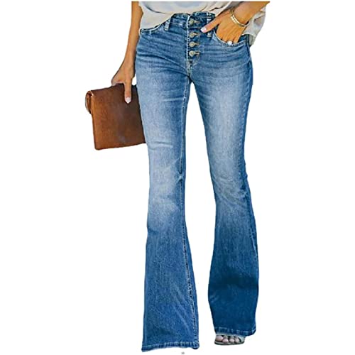 HYCYYFC 90er-Jahre-Vintage-Jeans mit Knopfleiste, hoher Taille, ausgestelltem Bein, Damen-Jeans mit hoher Taille, entspannter Passform, dehnbarer, ausgestellter Jeanshose (Color : Blue, Size : L) von HYCYYFC