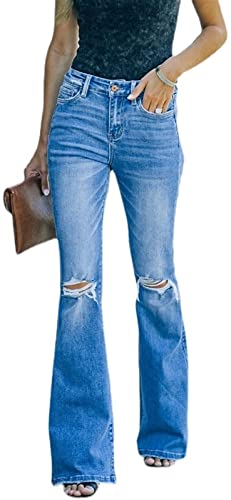HYCYYFC Zerrissen Ausgestellt Jeans Hose Lässig Jeans Strumpfhosen Hose Glocke Unten Jeans Hose, Hoch Taillierte Skinny Jeans für Frauen (Color : Blue, Size : M) von HYCYYFC