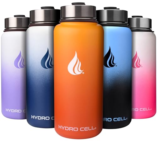 HYDRO CELL Edelstahl-Wasserflasche mit Stroh- und Weithalsdeckeln (32 Unzen) - Vakuumisoliertes schweißfestes Sportdesign (Rot/Orange 32 Unzen) von HYDRO CELL