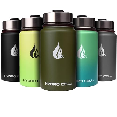HYDRO CELL Edelstahl-Wasserflasche mit Strohhalm und weitem Munddeckel (40oz 32oz 24oz 18oz) - Vakuumisoliertes schweißfestes Sportdesign (Army 14oz) von HYDRO CELL