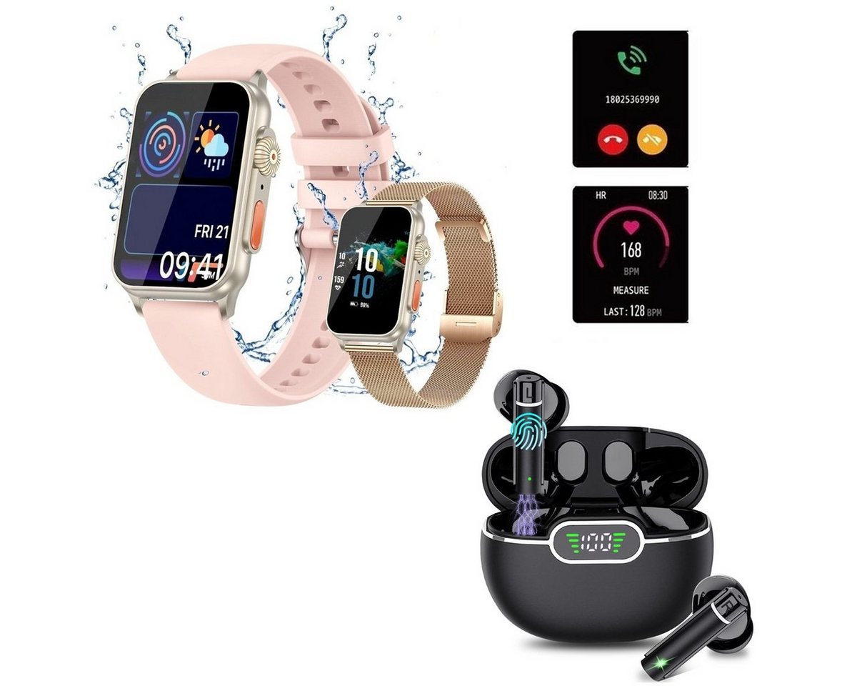HYIEAR Smartwatch Damen Herren & In-Ear-Kopfhörer Bluetooth für Android/iOS Smartwatch (4.5 cm/1.77 Zoll) Packung, Inkl. wechselbare Uhrenarmbänder, Ladekabel, Drei Paar Ohrstöpsel, Sportuhren, Gesundheitsfunktionen von HYIEAR