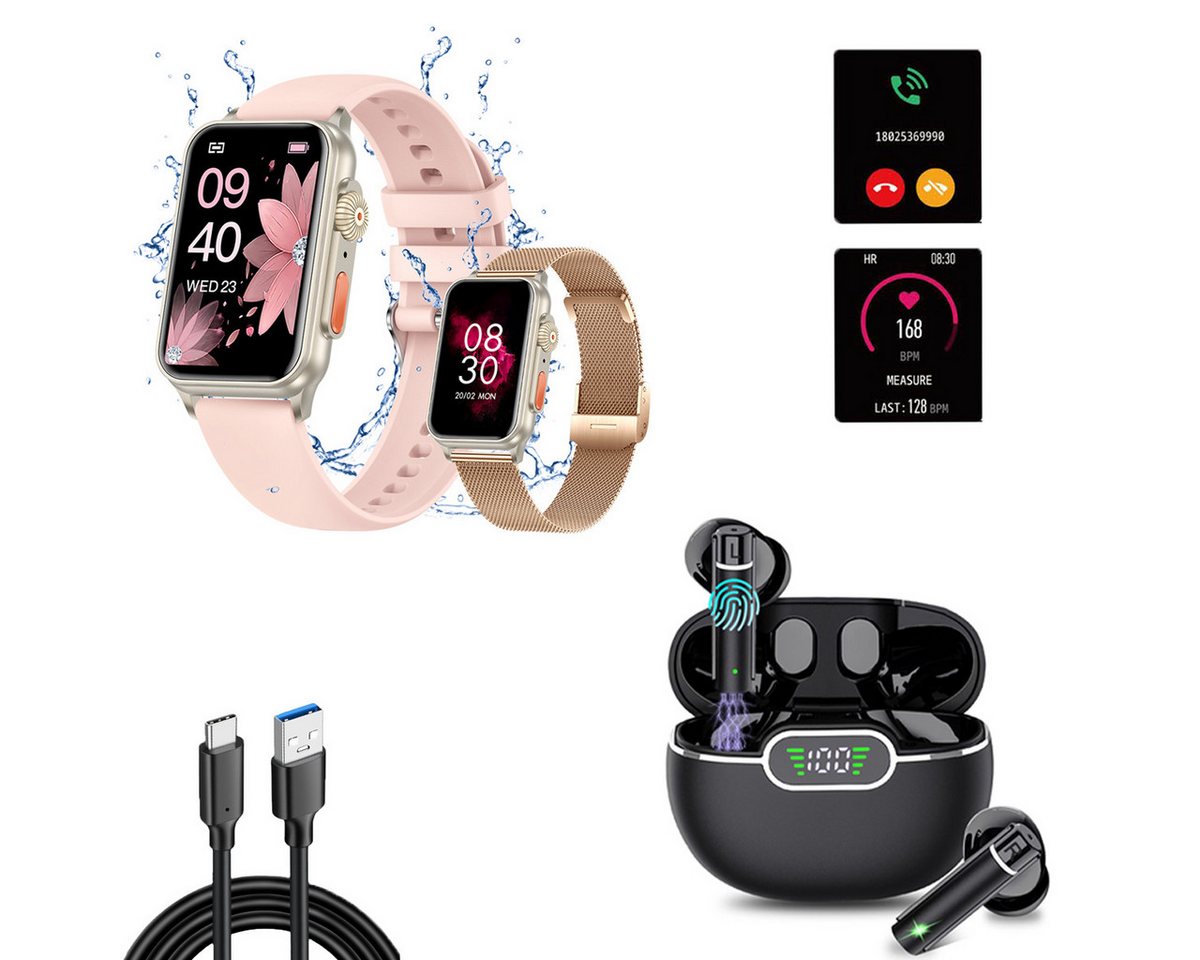 HYIEAR Smartwatcherren und Damen-Set mit Bluetooth 5.3-Kopfhörern. Smartwatch (4.5 cm/1.77 Zoll, Android) Packung, Inkl. wechselbare Uhrenarmbander, Ladekabel, Drei Paar Ohrstöpsel, Sportuhren, Fitness-Tracker, Gesundheitsfunktionen von HYIEAR