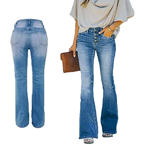 90er Jahre Vintage-Jeans mit Knopfleiste, Hoher Taille, Ausgestelltem Bein, Damen, Hoher Bund, Distressed, Klassischer, Dehnbarer Denim-Schlag (Color : Blue, Size : L) von HYMCX