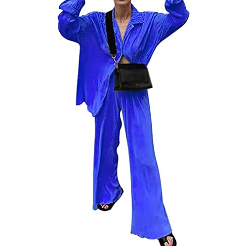 Y2k Kleidungsset für Damen, Plissiert, 2-teilig, Leger, Lockerer Knopf, Bluse und Lange Hose, Plissiert, für Damen (Color : Dark Blue, Size : S) von HYMCX