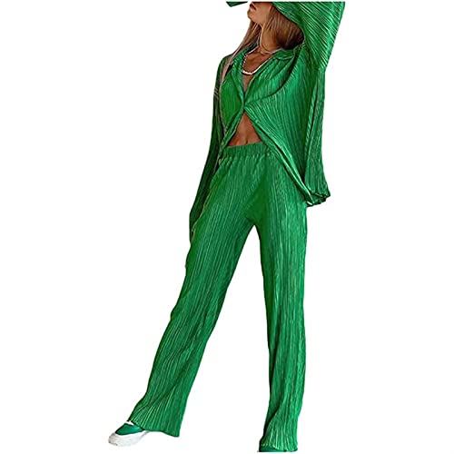 Y2k Kleidungsset für Damen, Plissiert, 2-teilig, Leger, Lockerer Knopf, Bluse und Lange Hose, Plissiert, für Damen (Color : Dark Green, Size : S) von HYMCX