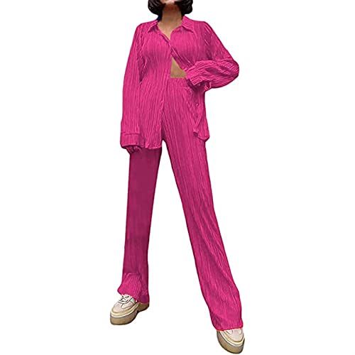 Y2k Kleidungsset für Damen, Plissiert, 2-teilig, Leger, Lockerer Knopf, Bluse und Lange Hose, Plissiert, für Damen (Color : Pink B, Size : S) von HYMCX