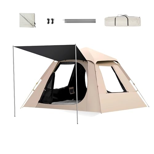 HYPIQQ Campingzelt 3-5 Personen Pop Up Zelt Wasserdicht Kuppelzelte Familienzelt Strandzelt Sonnenschutz Schattenzelt Mit UV-Schutz,Beige,A3~5person von HYPIQQ