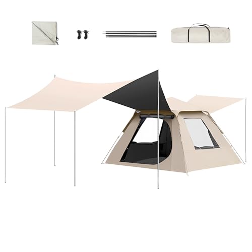 HYPIQQ Campingzelt 3-5 Personen Pop Up Zelt Wasserdicht Kuppelzelte Familienzelt Strandzelt Sonnenschutz Schattenzelt Mit UV-Schutz,Beige,B3~5person von HYPIQQ