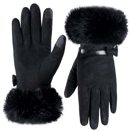 HYSENM Handschuhe Winter Damen Elegant Thermohandschuhe mit Schleife Touchscreen Winddichte Gloves für Geschenk Skifahren Radfahren Hund ausführen Bei kaltem Wetter von HYSENM