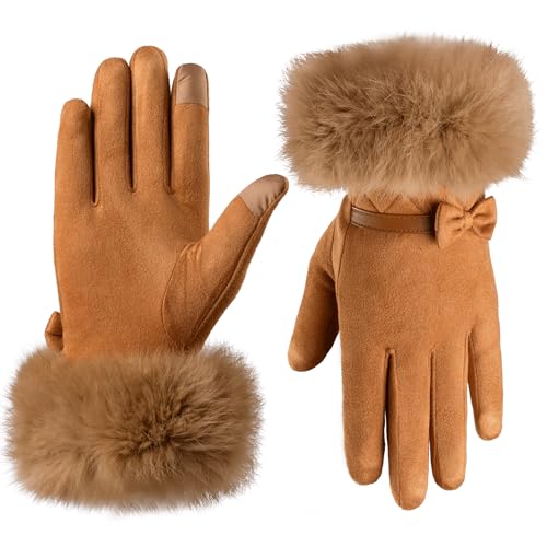 HYSENM Handschuhe Winter Damen Elegant Thermohandschuhe mit Schleife Touchscreen Winddichte Gloves für Geschenk Skifahren Radfahren Hund ausführen Bei kaltem Wetter von HYSENM