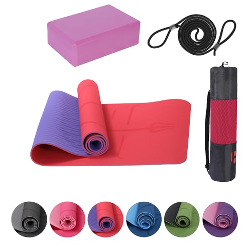 Habib Group Yogamatten-Set inkl. Yogablöcken – Rutschfeste gepolsterte Trainingsmatte für Fitness inkl. Yogagurt und Tasche – 1er-Set Yogablöcke für Pilates, Meditation, Regeneration – Rot von Habib Gruppe