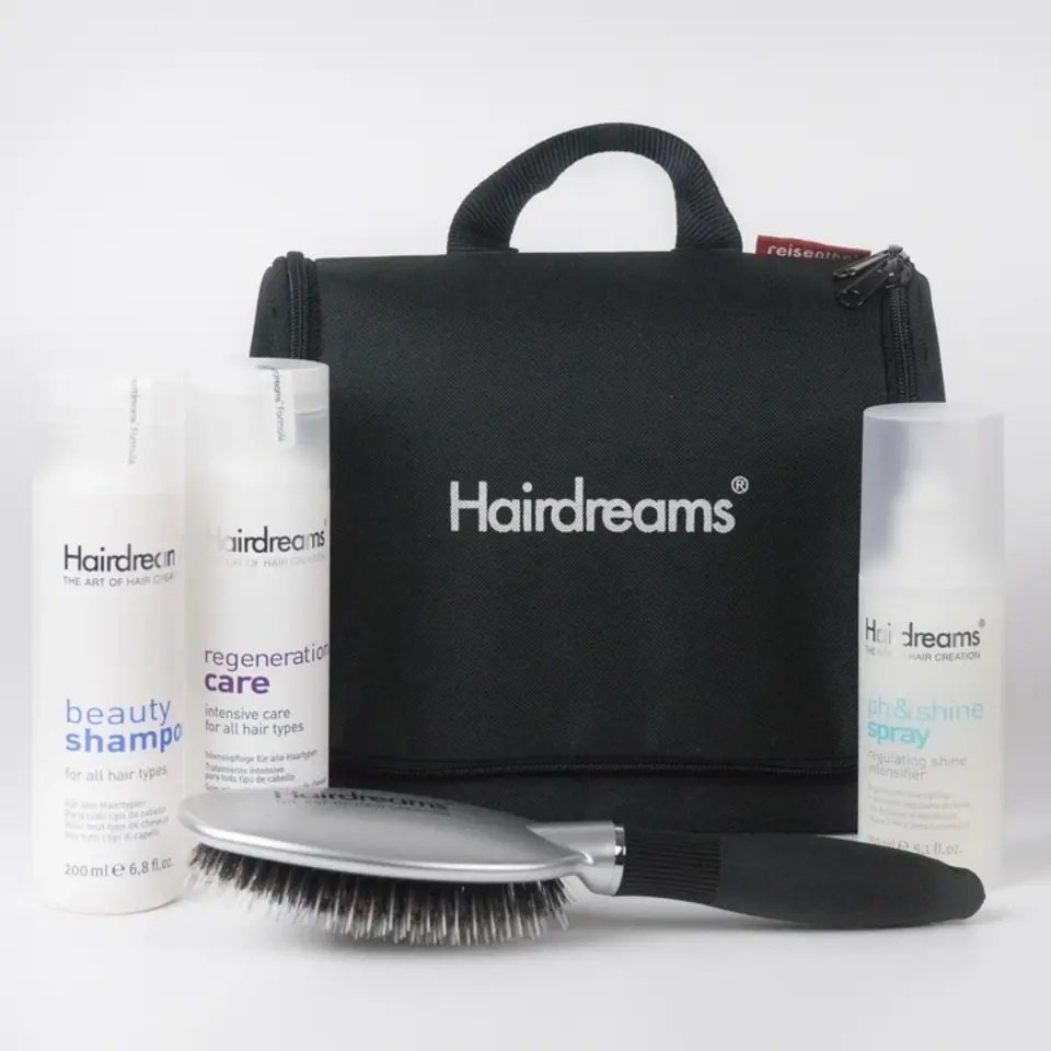 Hairdreams Haarpflege-Set Home Care Set 2 Deluxe mit Protein Shampoo, Set, 5-tlg., Protein Shampoo, Regeneration Care, ph&shine Spray, Bürste, Tasche, für Haare mit Echthaarverlängerungen von Hairdreams