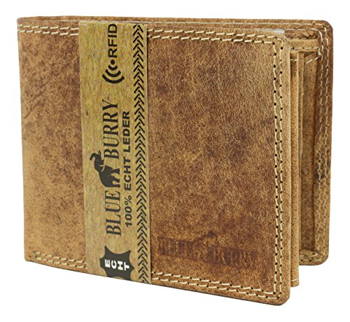 RFID-Schutz Herren Geldbörse aus Leder mit RFID-Blocker Portemonnaie Brieftasche mit Box Blue Burry Querformat RF-02 Hellbraun von Halal-Wear